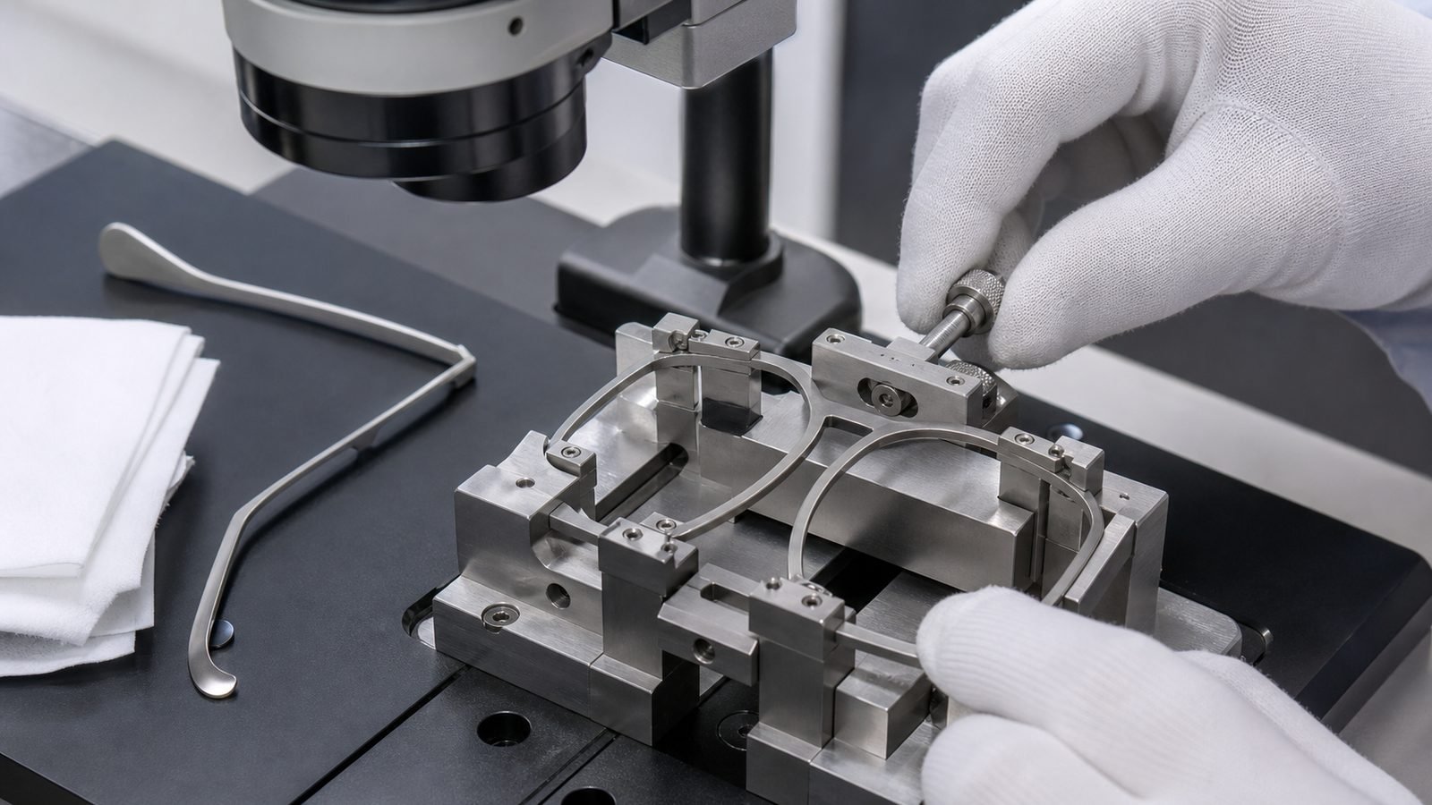 Titanium eyewear bridge and rim components aligned in a precision laser welding fixture