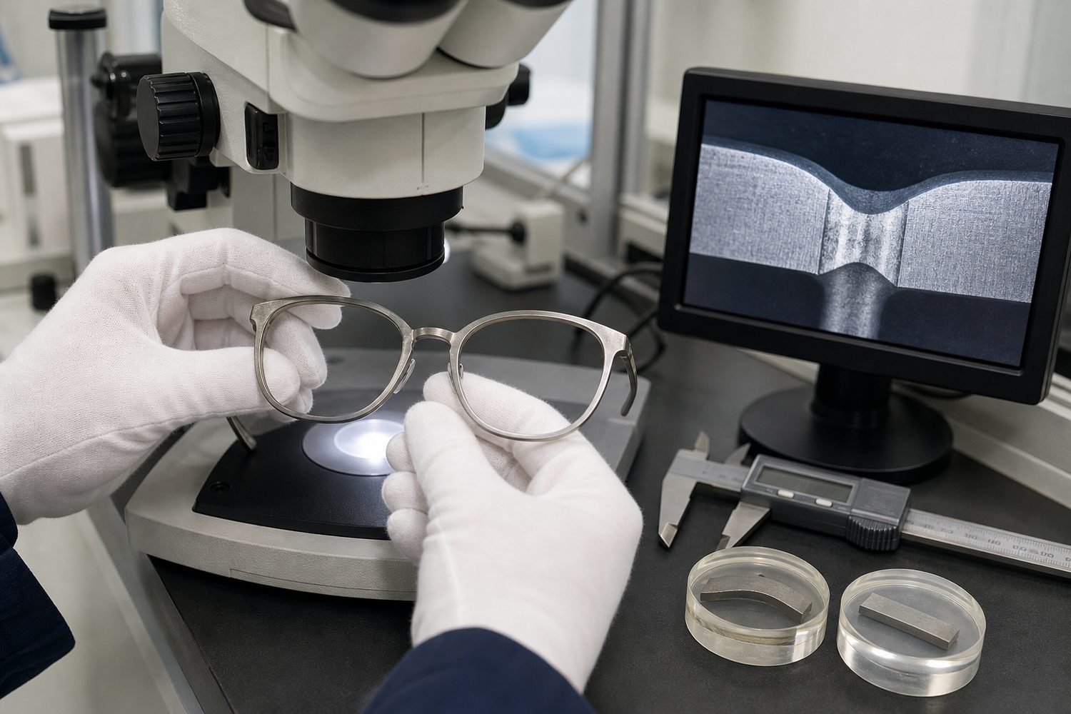 Inspector examining a laser welded titanium eyeglass joint under a stereo microscope