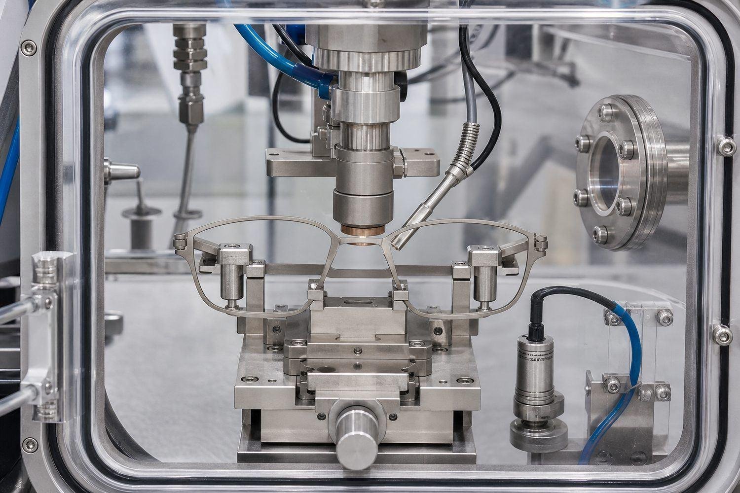 Titanium eyeglass front laser welded inside a controlled argon shielding chamber