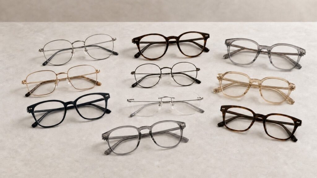 A curated selection of premium eyeglass frames in different materials and shapes
