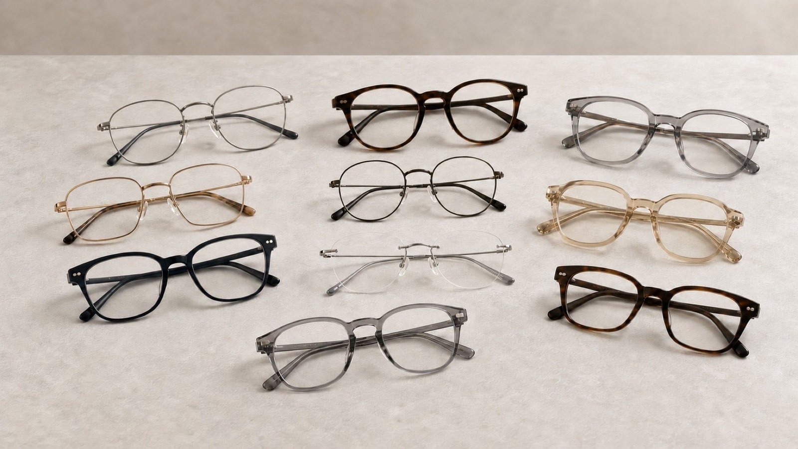 A curated selection of premium eyeglass frames in different materials and shapes
