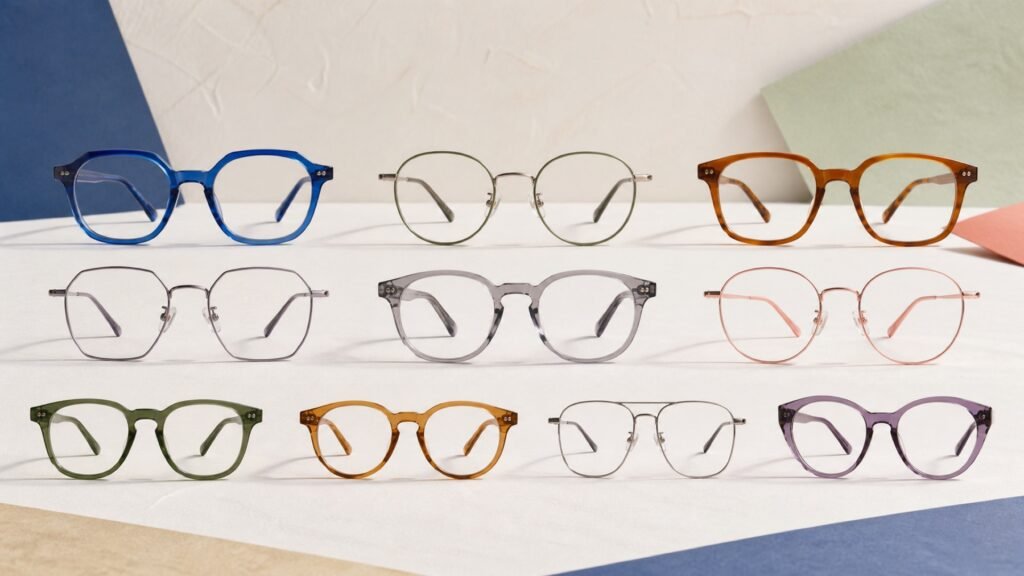 Ten generic independent eyeglass frames in varied colors and shapes on a studio table