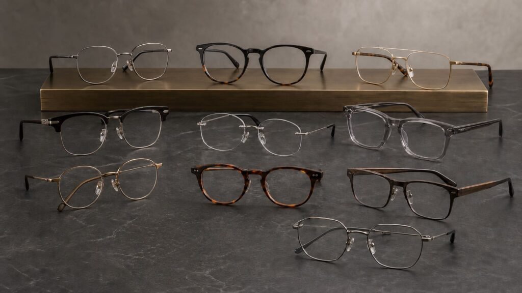 Ten generic luxury eyeglass frames arranged on dark stone and brushed metal
