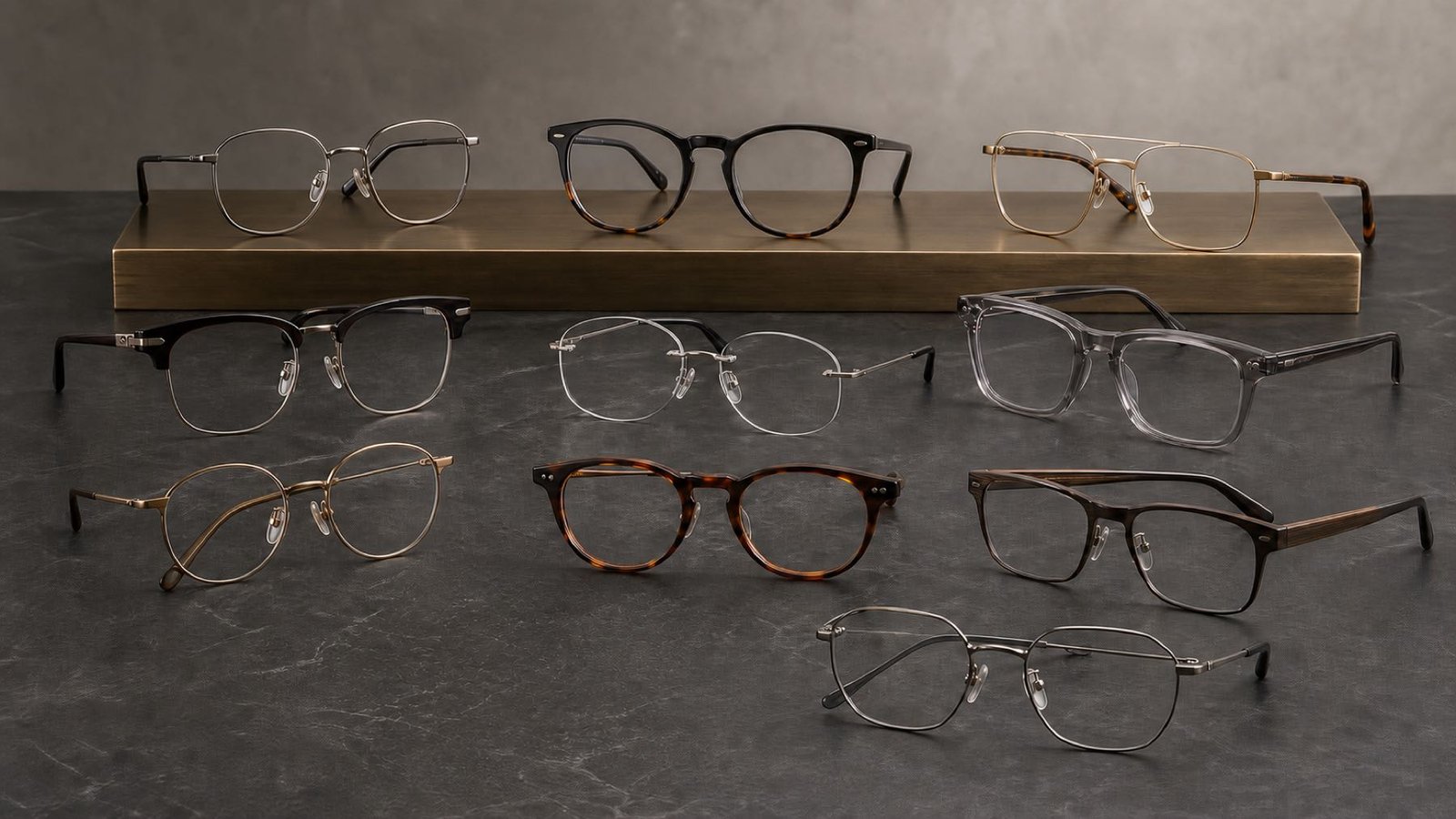 Ten generic luxury eyeglass frames arranged on dark stone and brushed metal