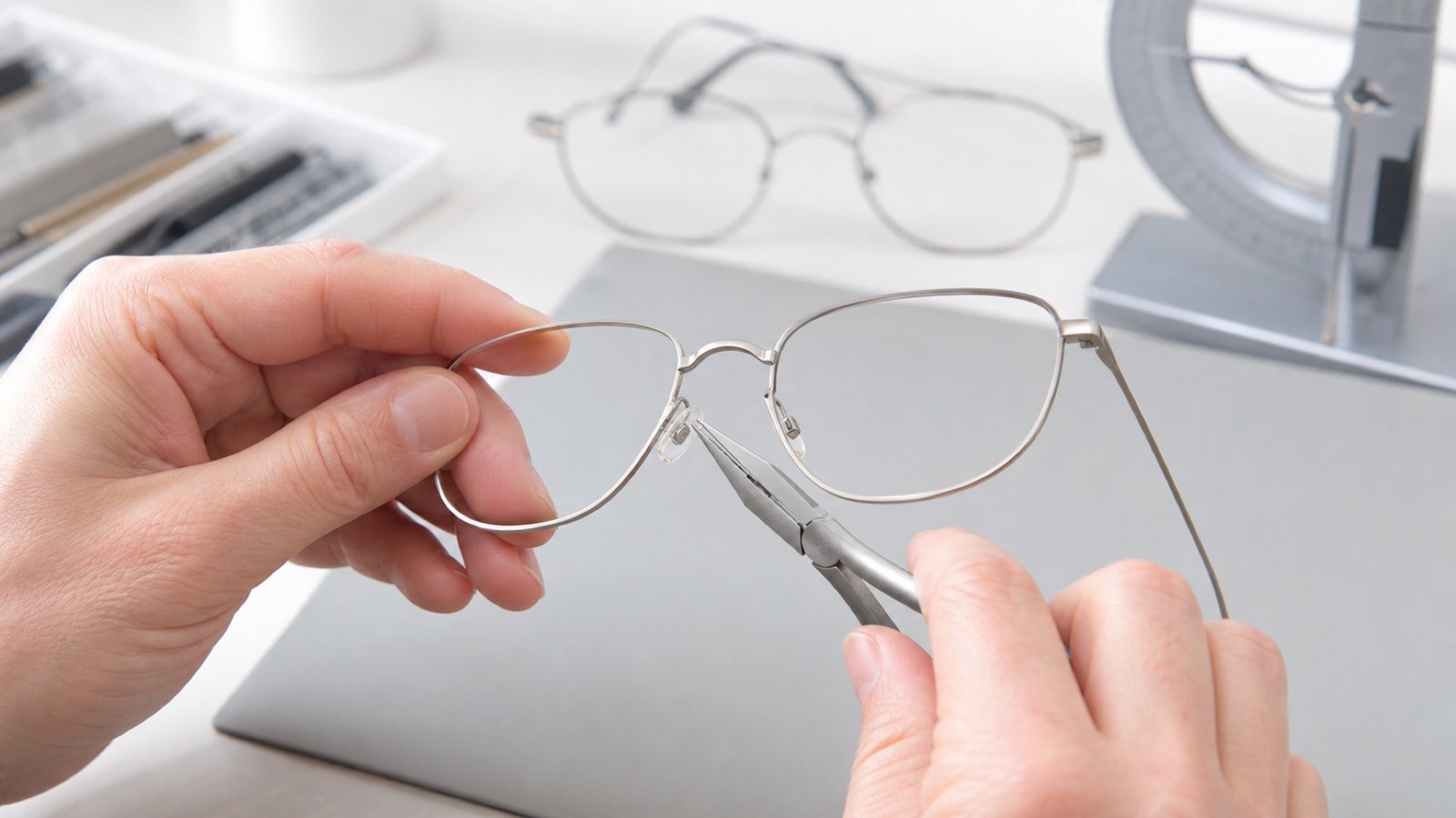 An optician adjusting the nose pads and temple length of a generic lightweight titanium eyeglass frame