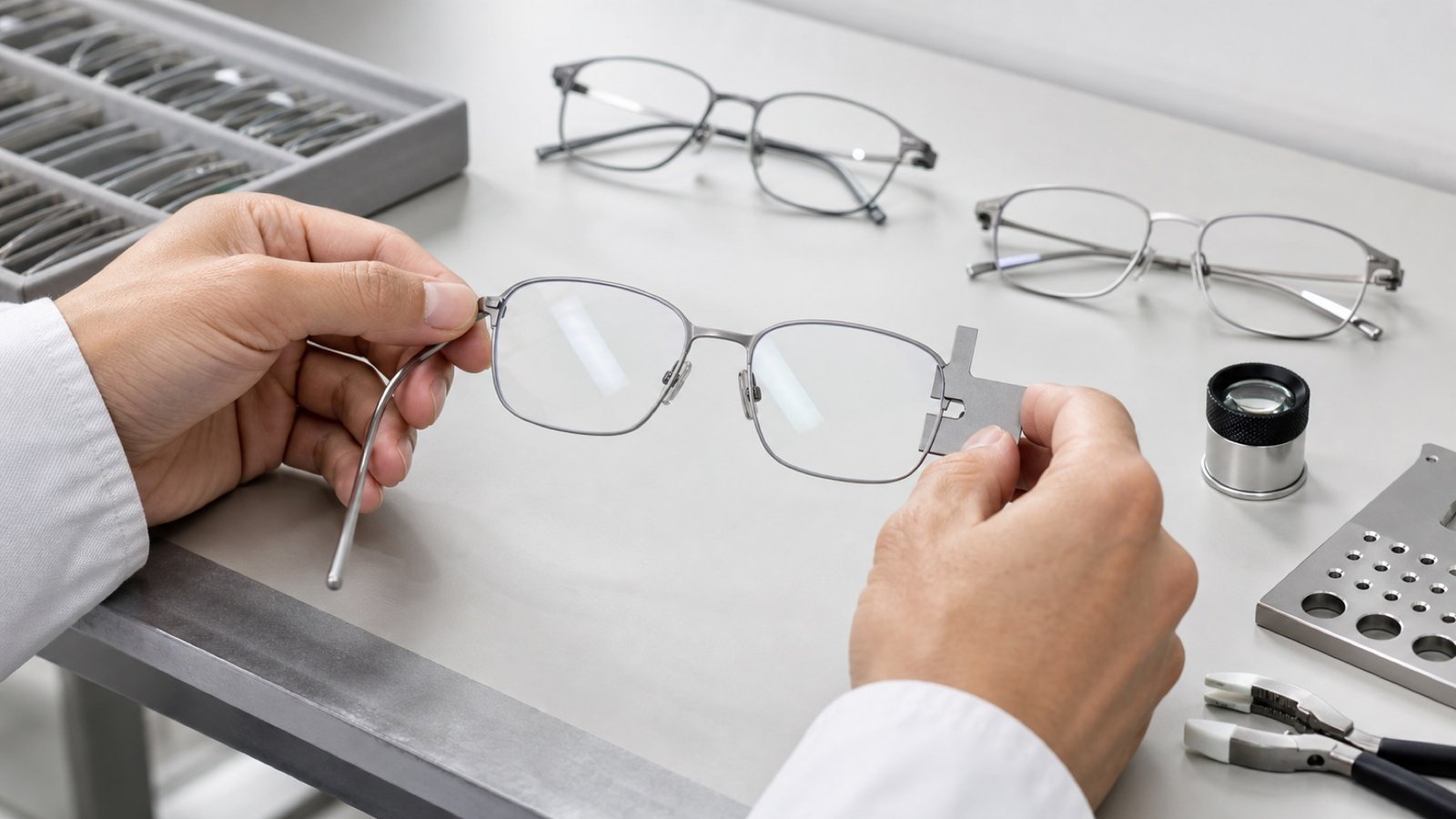 A technician checking alignment, lens drilling, hinge motion, and finish on generic lightweight titanium eyeglass frames