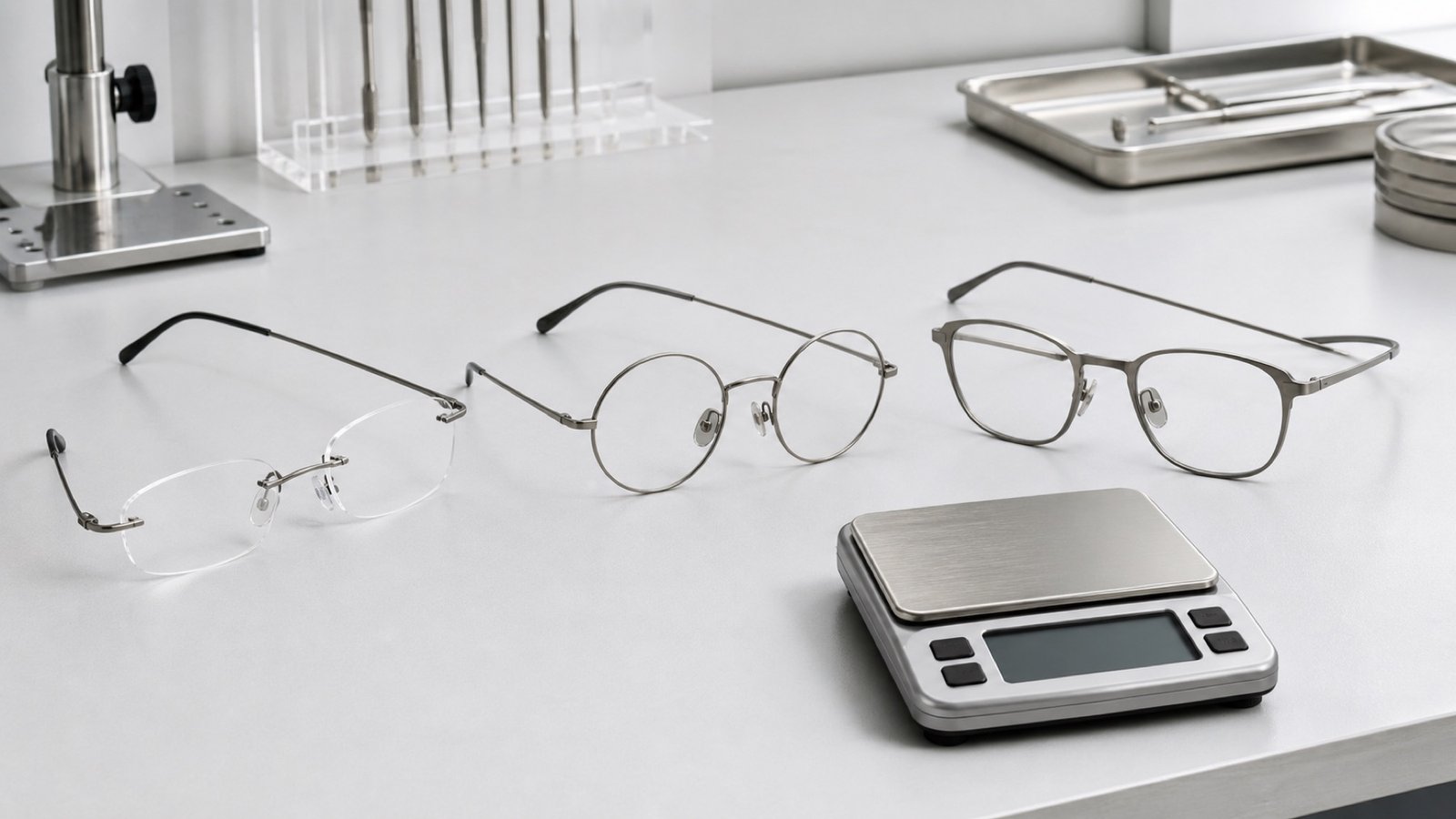 Generic titanium eyeglass frames on a precision scale showing how rimless, wire, and sheet constructions change frame weight