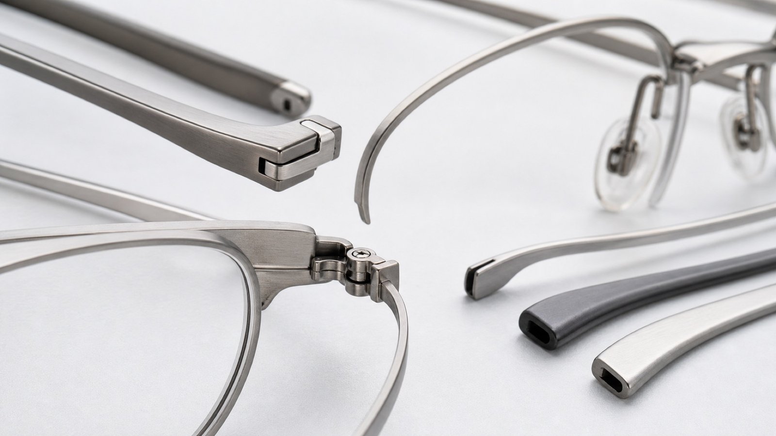 Close view of generic lightweight titanium eyeglass hinges, thin temples, nose-pad arms, and screwless construction