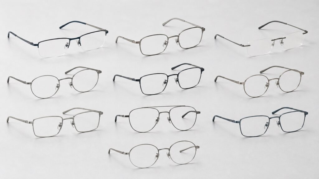 Ten generic lightweight titanium eyeglass frames arranged on a bright technical studio table