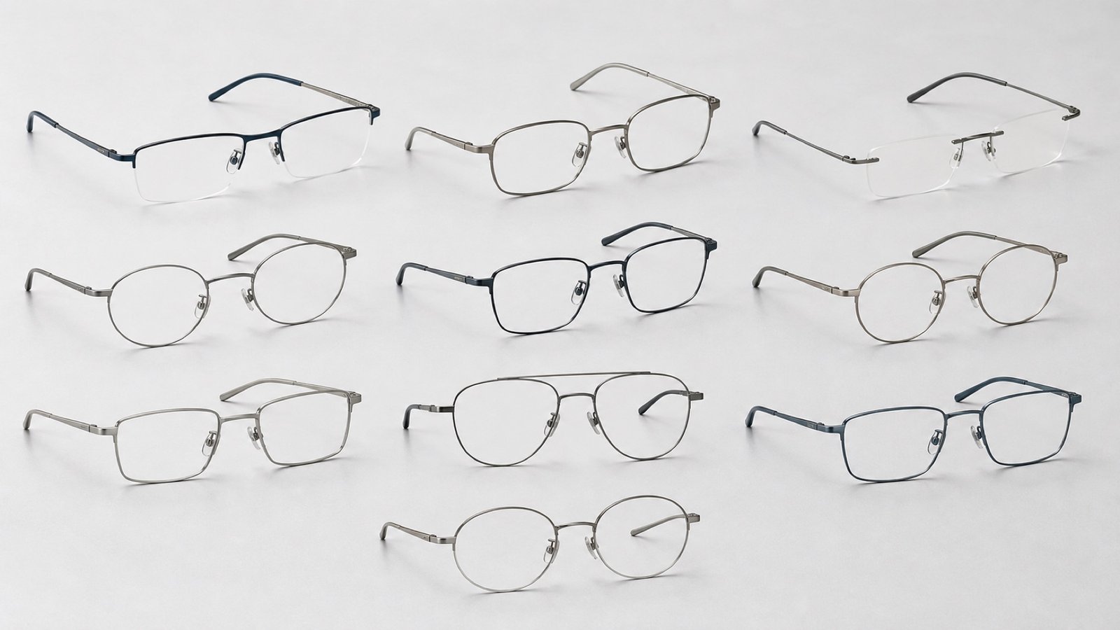 Ten generic lightweight titanium eyeglass frames arranged on a bright technical studio table